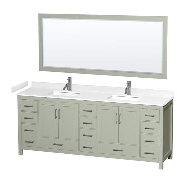 Wyndham Collection Sheffield 84 in. W x 22 in. D x 35 in. H Double Bath Vanity in Light Green with White Cultured Marble Top and 70" Mirror