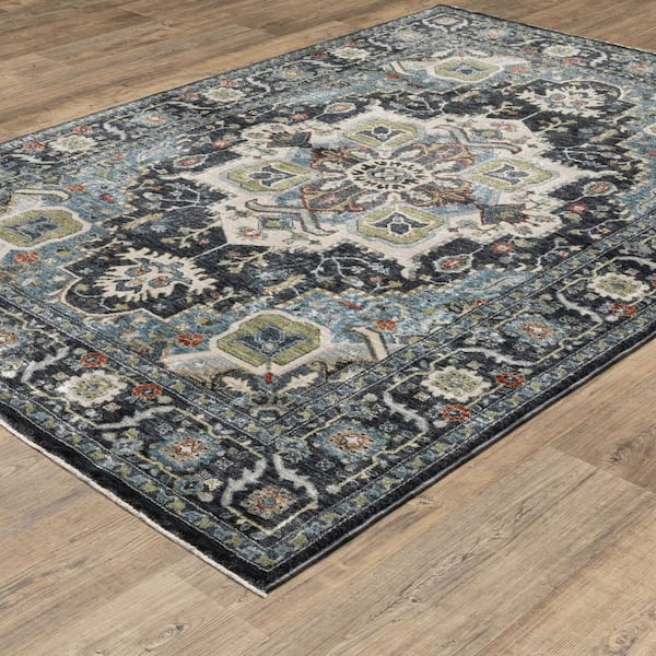 Elanor Blue 10 ft. x 13 ft. Oriental Floral Medallion Polyester Fringe-Edge Indoor Area Rug