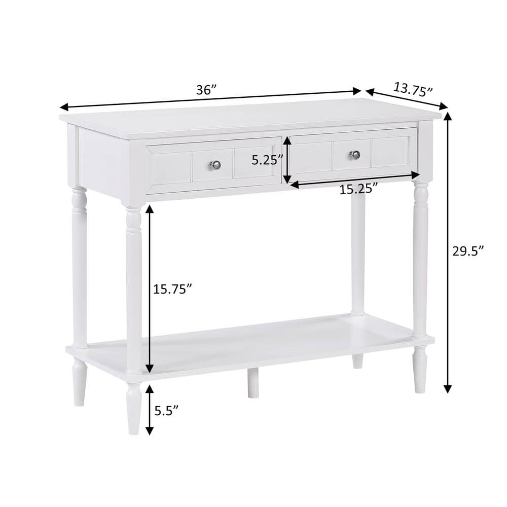 White Wood and Metal 2-Drawer Hall Table with Shelf