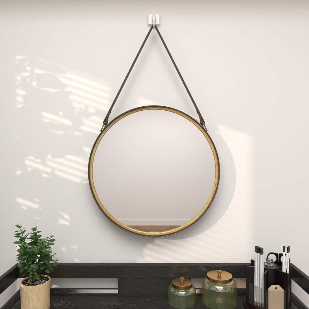 Contemporary Round Gold Metal Mirror with Leather Hang Strap