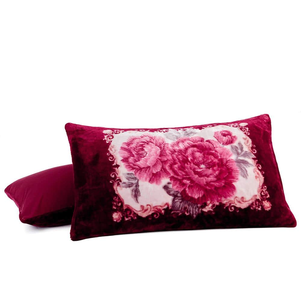 King Burgundy Floral Sherpa Fleece Reversible Blanket Set