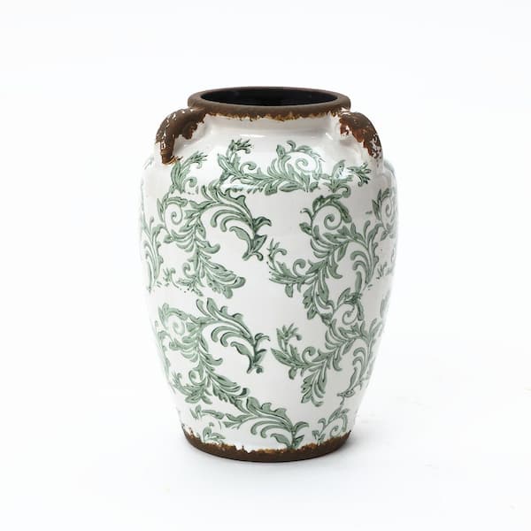 9.84 in H Green Floral Wide-Mouth Waterproof Ceramic Vase, 7.28" Round Indoor Home Decor