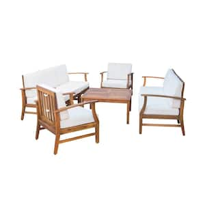 Giancarlo Teak Finish 9-Piece Wood Outdoor Patio Sofa Set with Cream Cushions