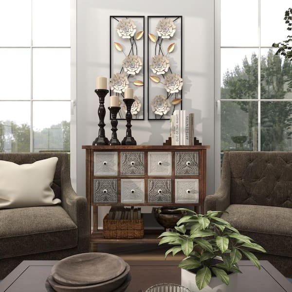 Metal White Floral Wall Decor with Black Frame (Set of 2)