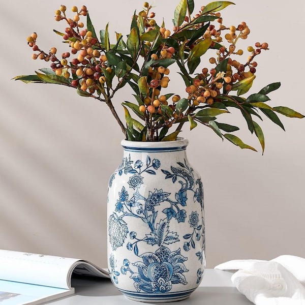 9.4 in. Ceramic Chinoiserie Floral Vase, Retro Ice Cracked Blue