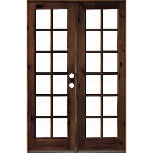 Krosswood Doors 64 in. x 96 in. French Knotty Alder Wood 12-Lite Clear Glass red mahogony Stain Left Active Double Prehung Front Door
