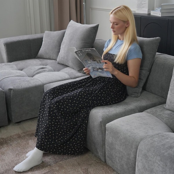 J&E Home Oversized 184 in. W Linen 6-Piece L-Shaped Tufted