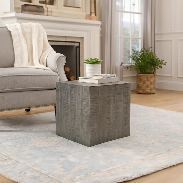 Rydan 19 in. Sandblasted Gray Square Mango Wood End Table with Square Block Top