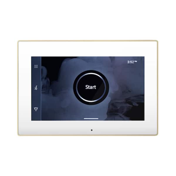 Mr.Steam iSteamX Steam Shower Control and Aroma Glass SteamHead in White Satin Brass