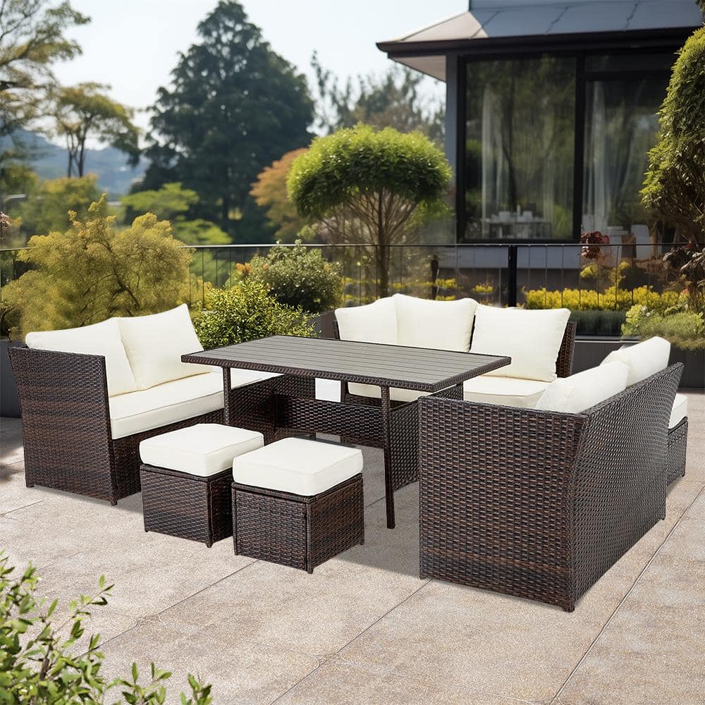 7-Piece Black Wicker PE Rattan Outdoor Sectional Sofa Set with White ...