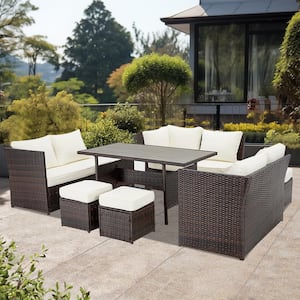7-Piece Black Wicker PE Rattan Outdoor Sectional Sofa Set with White Cushion
