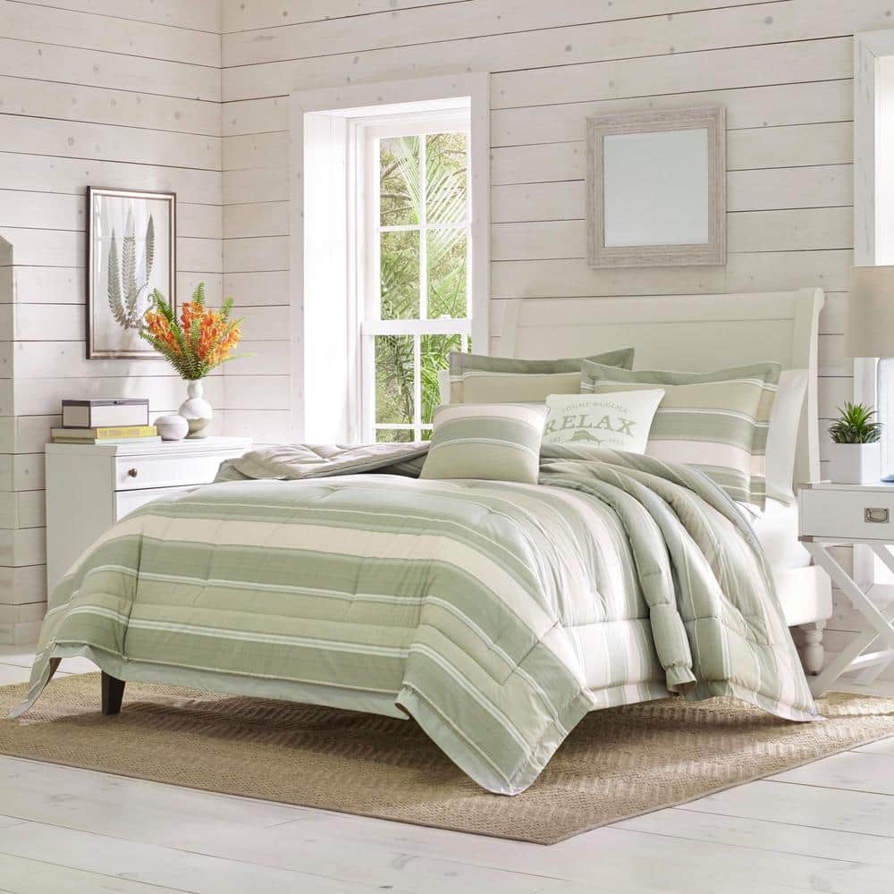 Tommy Bahama Serenity 5-Piece Green Striped Cotton Queen Comforter Set  USHS8K1167500 - The Home Depot