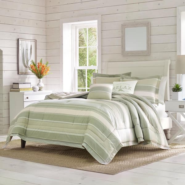 Tommy Bahama Serenity 5Piece Green Striped Cotton King Comforter Set