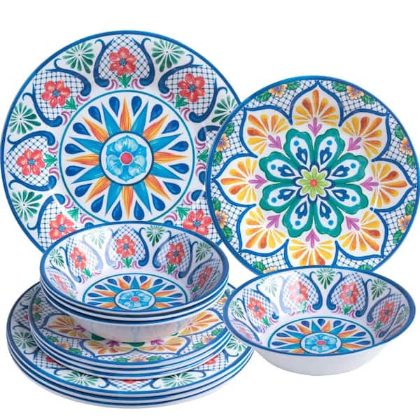 12-Piece Melamine Dinnerware Set for 4 BPA-Free Shatterproof Plates Salad Plates Bowls Paisley Design