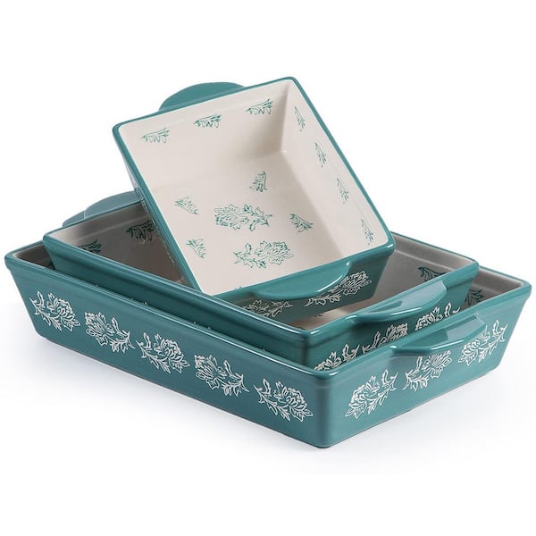 3-Piece Rectangular Ceramic Bakeware Set Lasagna Pan Casserole Dish Set with Double Handles and Rose Pattern