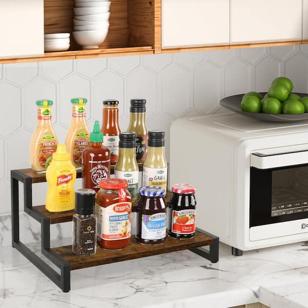 3-Tier Rustic Wood Grain Shelf Dark Brown Stepped Design Heavy Duty Particle Board Countertop Organizer Stand