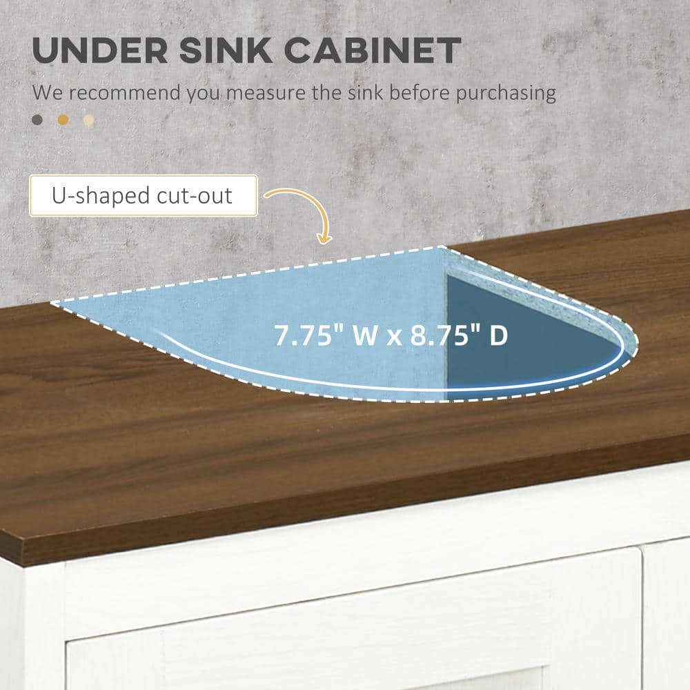 Antique White Freestanding Bathroom Sink Cabinet with Dark Wood Top