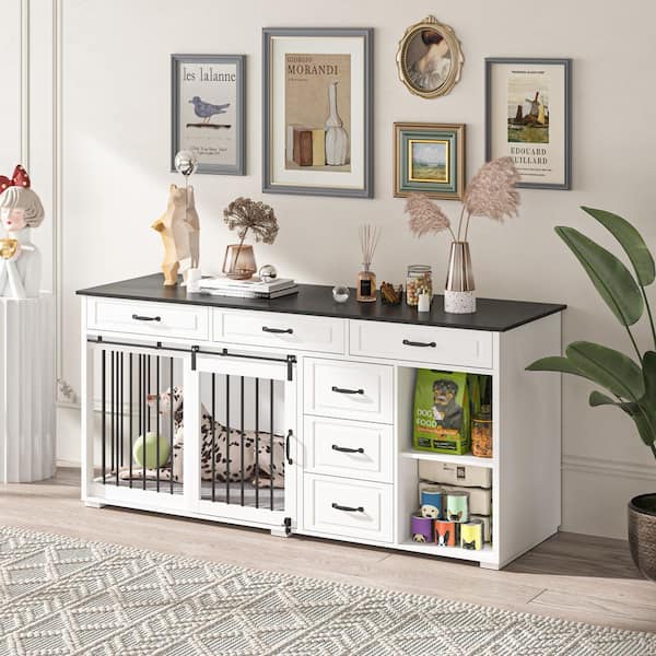 FUFU&GAGA Indoor Furniture Style Dog Crate, Large Wooden Dog House with 6-Drawer 2-Compartment Dog Cage for Medium Small Dogs