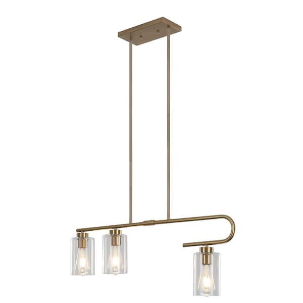 ZJVAIVE 3-Light Brass Modern J-Type Hanging Linear Chandelier Lighting Fixture with Glass Shade for Kitchen Island
