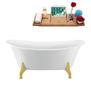 67 in. x 30.7 in. Acrylic Clawfoot Soaking Bathtub in Glossy White with Brushed Gold Clawfeet and Matte Pink Drain