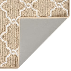 Washable Non-Skid Beige and White 2 ft. 2 in. x 8 ft. Geometric Runner Rug