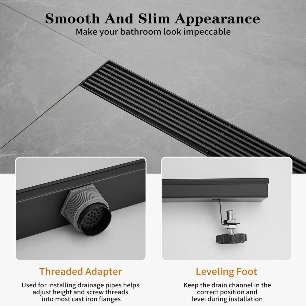 32'' Matte Black Stainless Steel Linear Shower Drain with Slot Pattern Cover