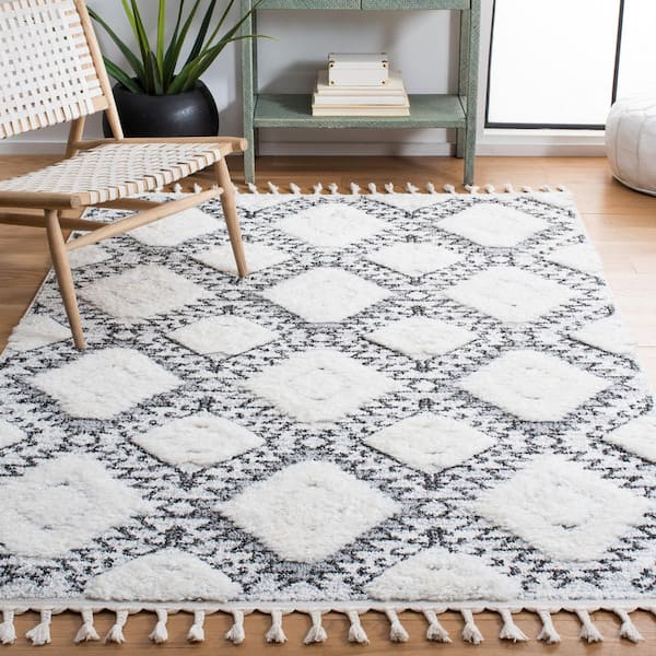 Moroccan Tassel Shag 9 ft. x 12 ft. Ivory/Gray Diamond High-Low Area Rug