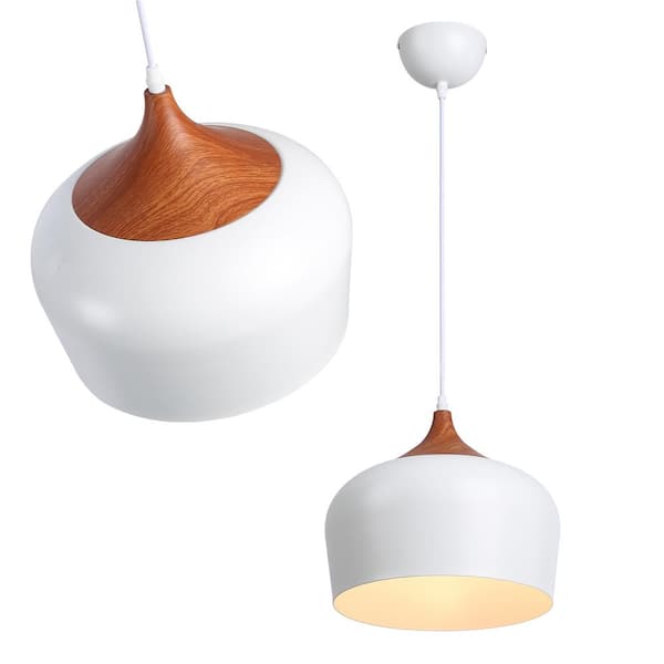 11.8 in. 1-Light Dome Pendant Light with White Metal Shade, Industrial Adjustable Height Wood Chandelier Fixture
