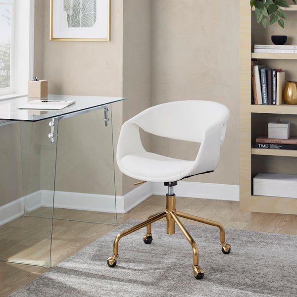 Curvo Faux Leather Upholstered Task Chair 34 in. Gold Metal and White Faux Leather with Nonadjustable Arms