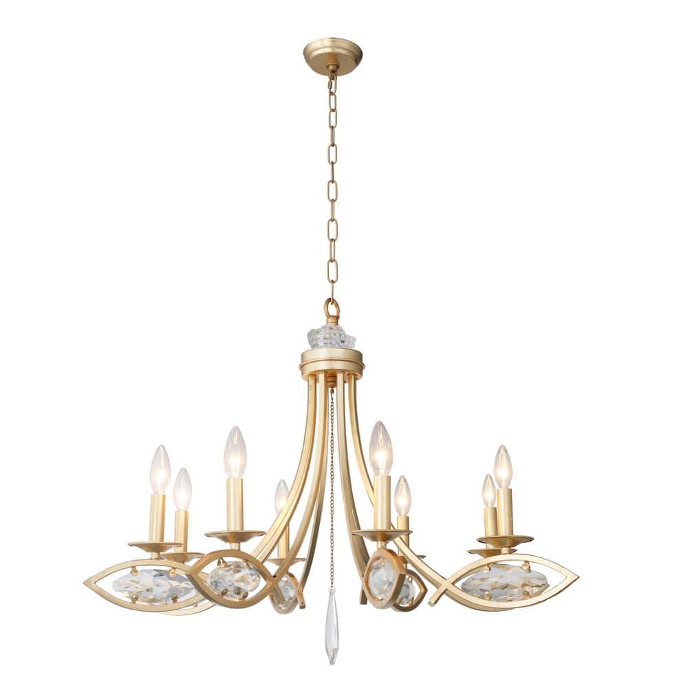 8-Light Satin Gold Candle-Style Chandelier with Clear Crystals