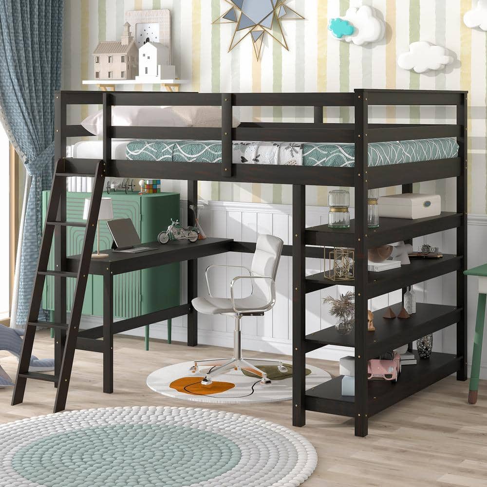 Harper & Bright Designs Multifunctional Espresso Full Loft Bed with Desk, Ladder And Storage Shelves - 1