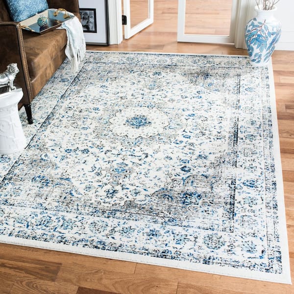 Evoke Ivory/Gray Doormat 3 ft. x 3 ft. Distressed Border Medallion Square Area Rug