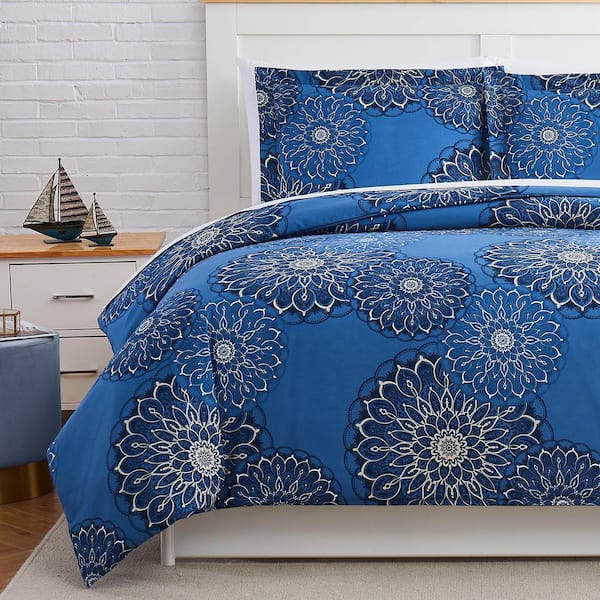 Southshore Fine Linens Midnight Floral 3-Piece Blue Floral Microfiber King/Cal King Comforter Set