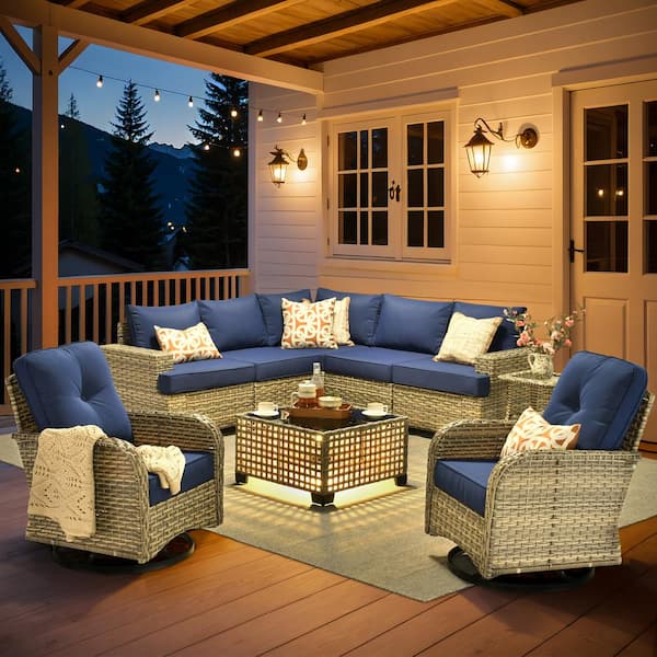 XIZZI Aimee 9-Piece Wicker Patio Conversation Seating Sofa Set with Navy Blue Cushions and Swivel Rocking Chairs