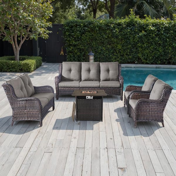 Pocassy 5-Piece Brown Wicker Outdoor Patio Fire Pit Seating Set with CushionGuard Gray Cushions