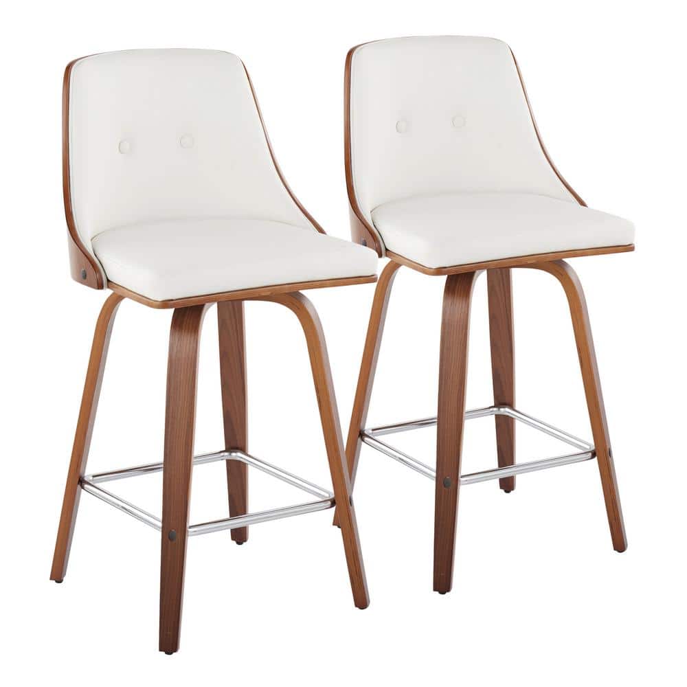 Lumisource Gianna 25.75 in. White Faux Leather, Walnut Wood, Chrome Metal Counter Height Bar Stool with Square Footrest (Set of 2)