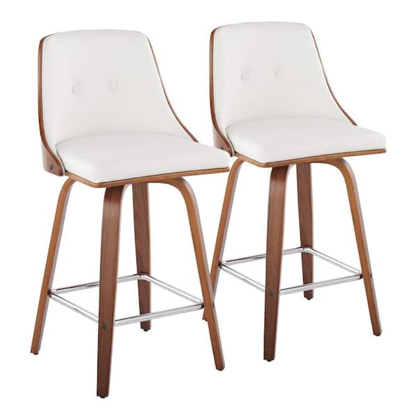 Lumisource Gianna 25.75 in. White Faux Leather, Walnut Wood, Chrome Metal Counter Height Bar Stool with Square Footrest (Set of 2)