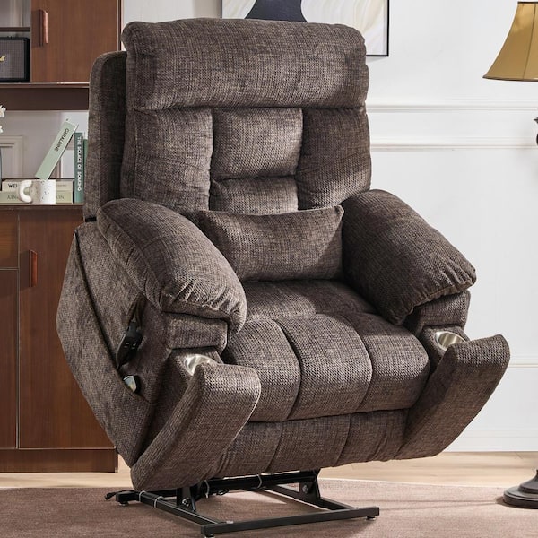 Enhanced Flagship Oversized Dual OKIN Motor Chenille Lift Recliner with Massage Heating and Assisted Standing - Truffle