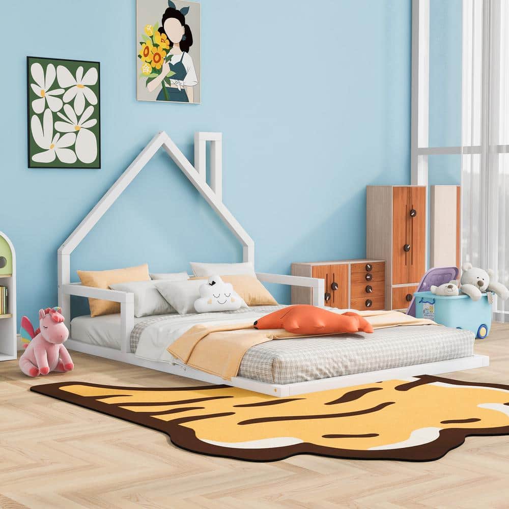 Harper & Bright Designs White Full Size Wood Floor Bed Platform Bed