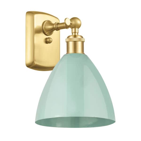 Innovations Plymouth Dome 1-Light Satin Gold, Seafoam Wall Sconce with Green Metal Shade