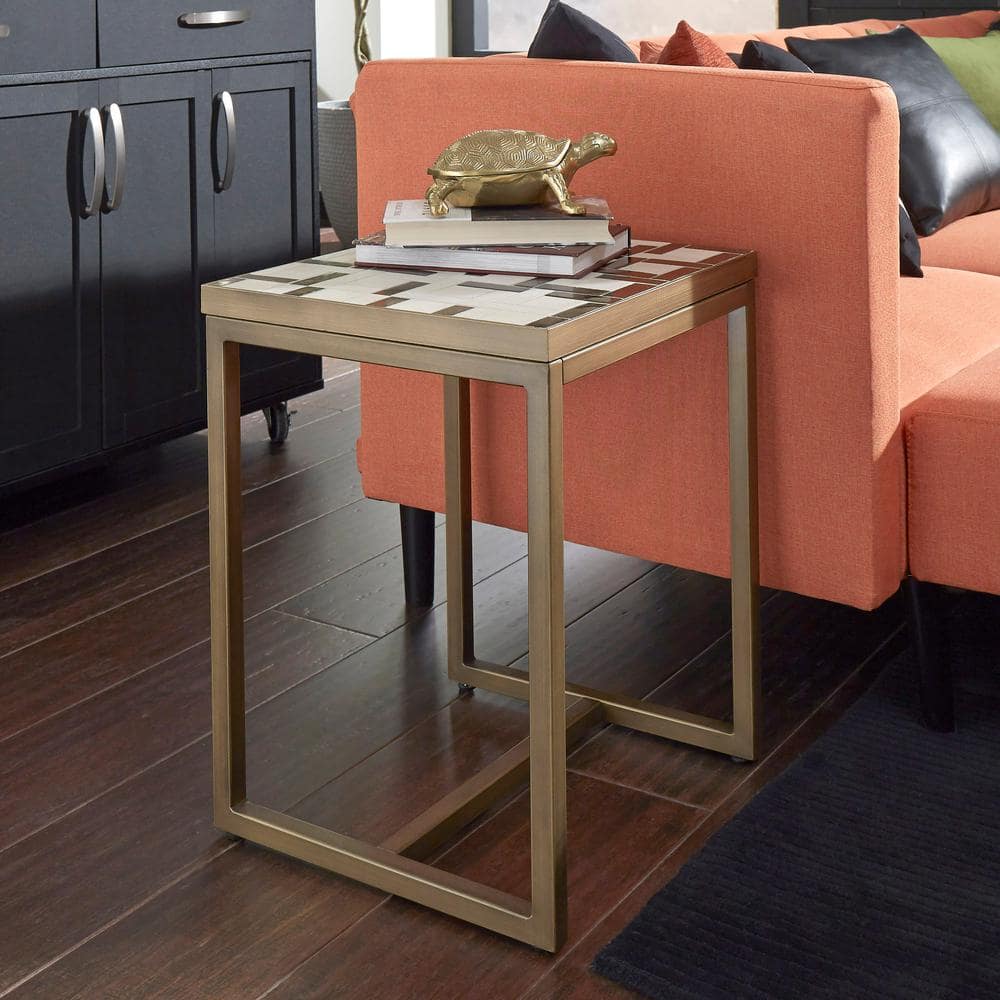 Contemporary Geometric 25.5" Cream & Gold Mosaic End Table