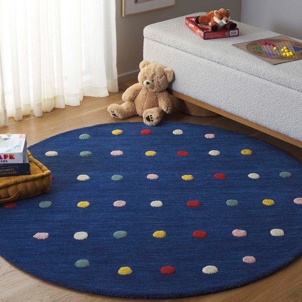 Kids 3 ft. x 3 ft. Navy Polka-Dot Striped Round Area Rug