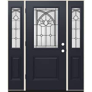 60 in. x 80 in. Right-Hand 1/2 Lite Ardsley Decorative Glass Black Fiberglass Prehung Front Door w/Sidelites