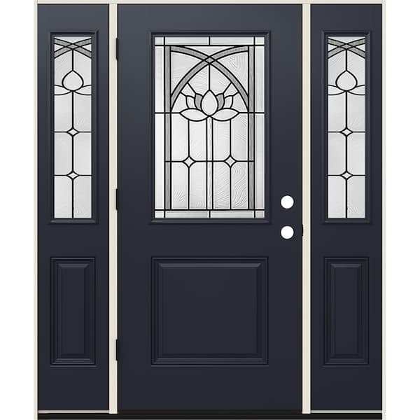 60 in. x 80 in. Right-Hand 1/2 Lite Ardsley Decorative Glass Black Fiberglass Prehung Front Door w/Sidelites