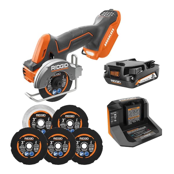 RIDGID 18V SubCompact Brushless Cordless 3 in. Multi-Material Saw Kit with (6) Cutting Wheels, 2.0 Ah Battery, and 18V Charger