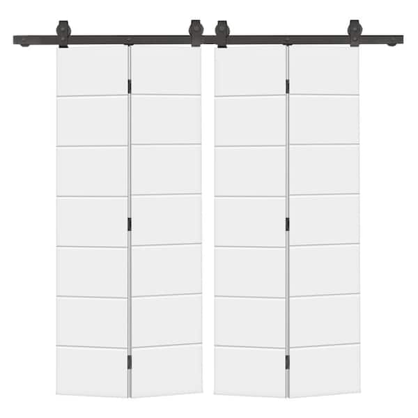 52 in. x 84 in. White Painted MDF Modern Bi-Fold Double Barn Door with Sliding Hardware Kit