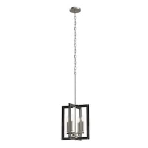 Pendroy 4-Light Brushed Nickel and Black Industrial Cage Foyer Pendant Hanging Light
