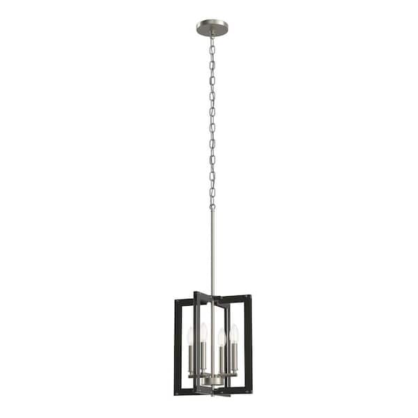 Pendroy 4-Light Brushed Nickel and Black Industrial Cage Foyer Pendant Hanging Light
