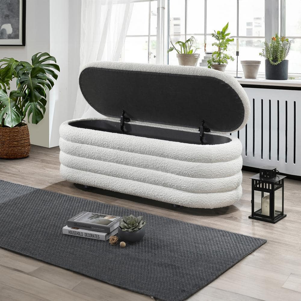 Ellipse White Boucle Fabric Storage Bench with Solid Wood Frame