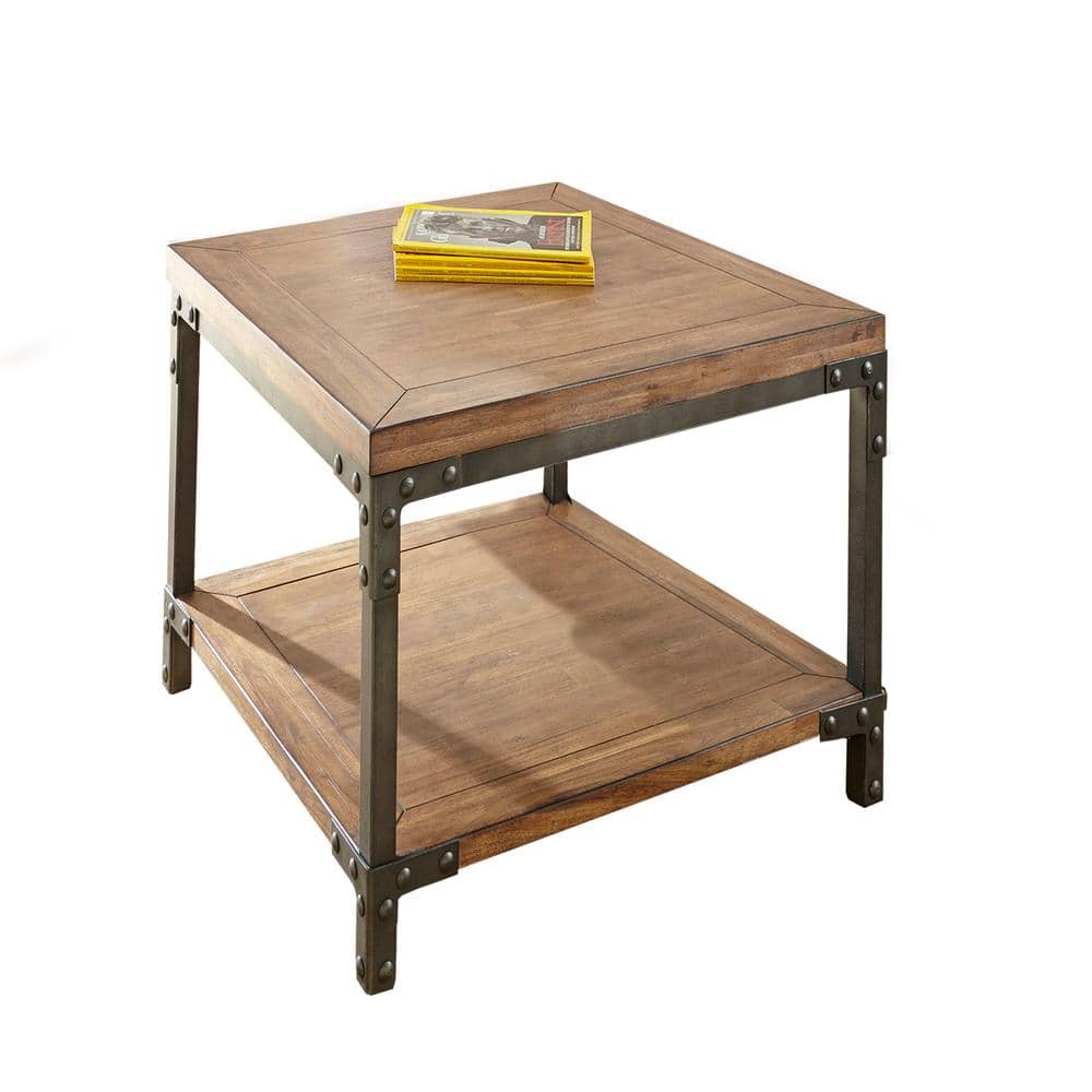 Rustic Acacia Honey & Black Metal Framed End Table